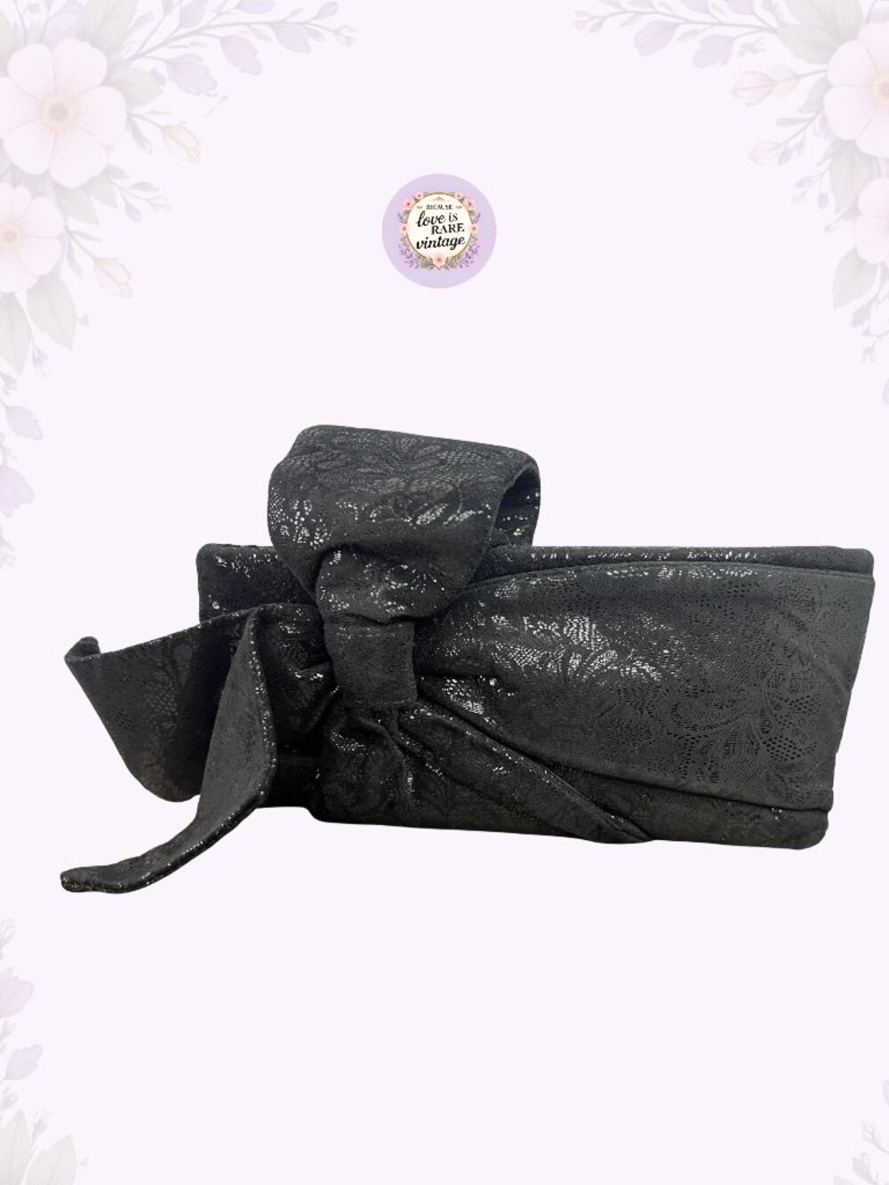 VTG Bags by Pinky Leather Statement Bow Clutch • 80s Black Floral Evening Bag